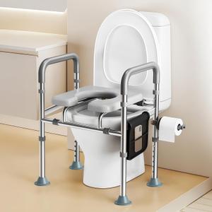 Raised Toilet Seat with Bedside Commode Function - 400LB Capacity, Adjustable Height & Width, Padded Armrests & Paper Holder, Silver