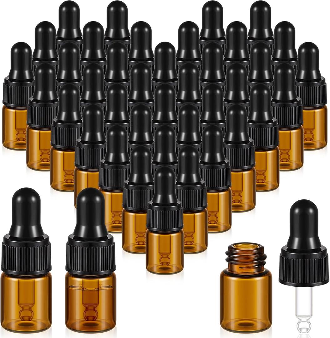 Didaey 200 Pcs Mini Glass Oil Dropper Bottle Bulk, Clear Essential Small Empty Bottles Sample Containers Perfume Liquid Vials with Cap for Traveling (2 ml,Amber)