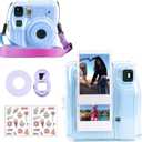 CAIYOULE Clear Case for Fujifilm Instax Mini SE Camera Protective Case with Back Photo Storage Pocket, Selfie Mirror, Stickers and Adjustable Shoulder Strap