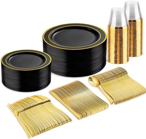bUCLA 150 Pieces Black and Gold Disposable Dinnerware Set - 25 Guests Black Gold Plastic Plates Include 25 Dinner & 25 Dessert Plates, 25 Spoons, 25 Forks, 25 Knives, 25 Cups for Party & Halloween