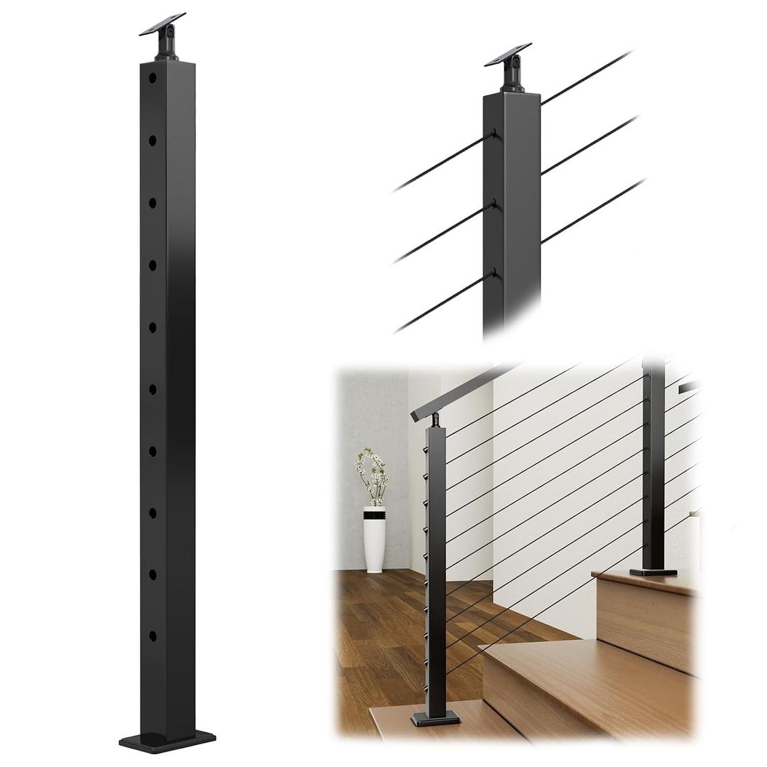 Muzata Black Stair Cable Railing Post 36 Inch for 25-35 Degrees Stair 36"x2"x2" Surface Mount T304 Stainless Steel Cable Railing System Kit Indoor Outdoor with Paper User Guide PS01 BA4S