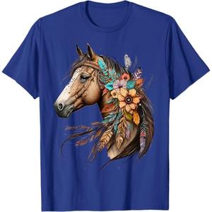 Floral Wild Horse Country Horse Riding T-Shirt (Small, Black)