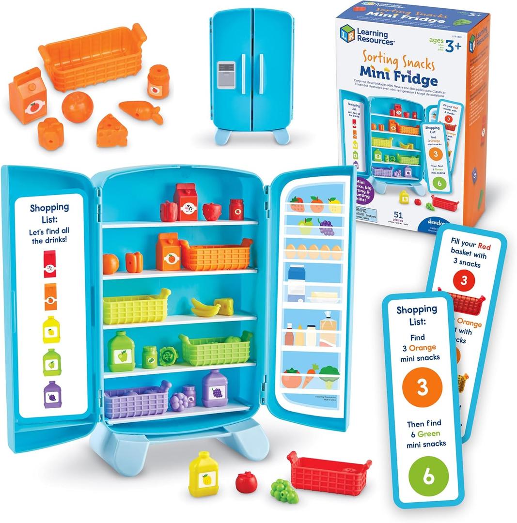 Learning Resources Sorting Snacks Mini Fridge - Play Food, Toddler Kitchen, Montessori, Color Sorting Sensory, Gifts for Boys and Girls, Preschool Games, Fine Motor Skills, Counting, Kindergarten