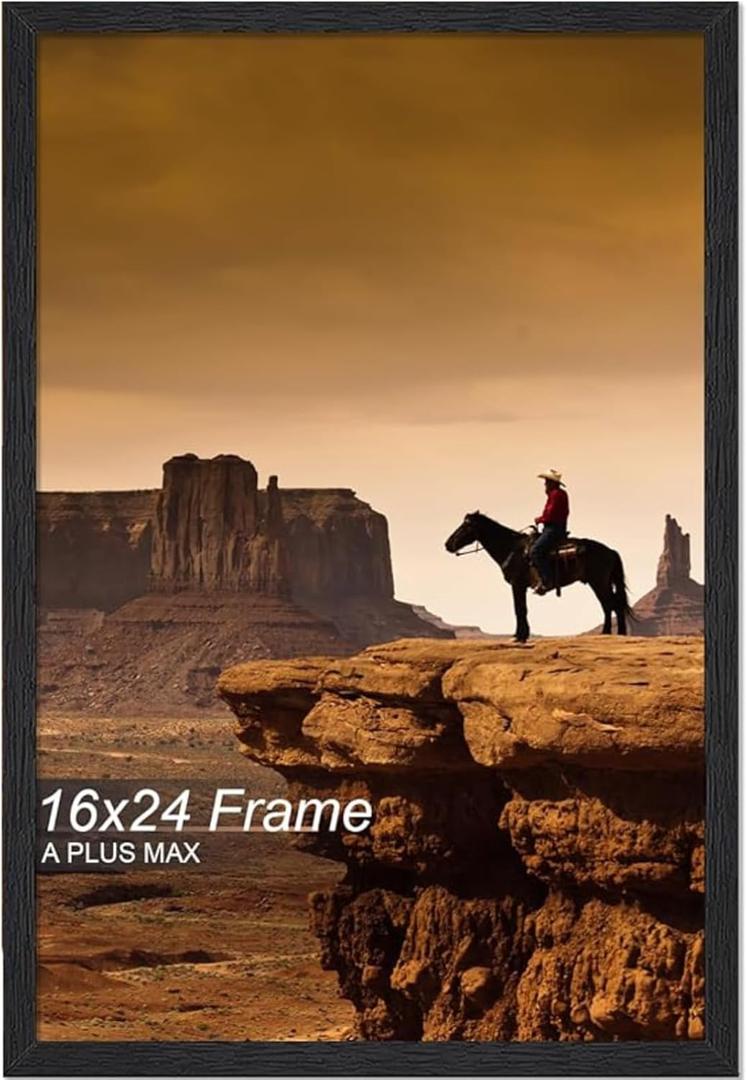 A PLUS MAX 16x24 Picture Frame, Black Engineered Wood Frame for 16 x 24 Inch Picture Poster Photo, Light Weight 16 by 24 Frame with Wood-grain for Wall - 1 Pack/Black/16 x24