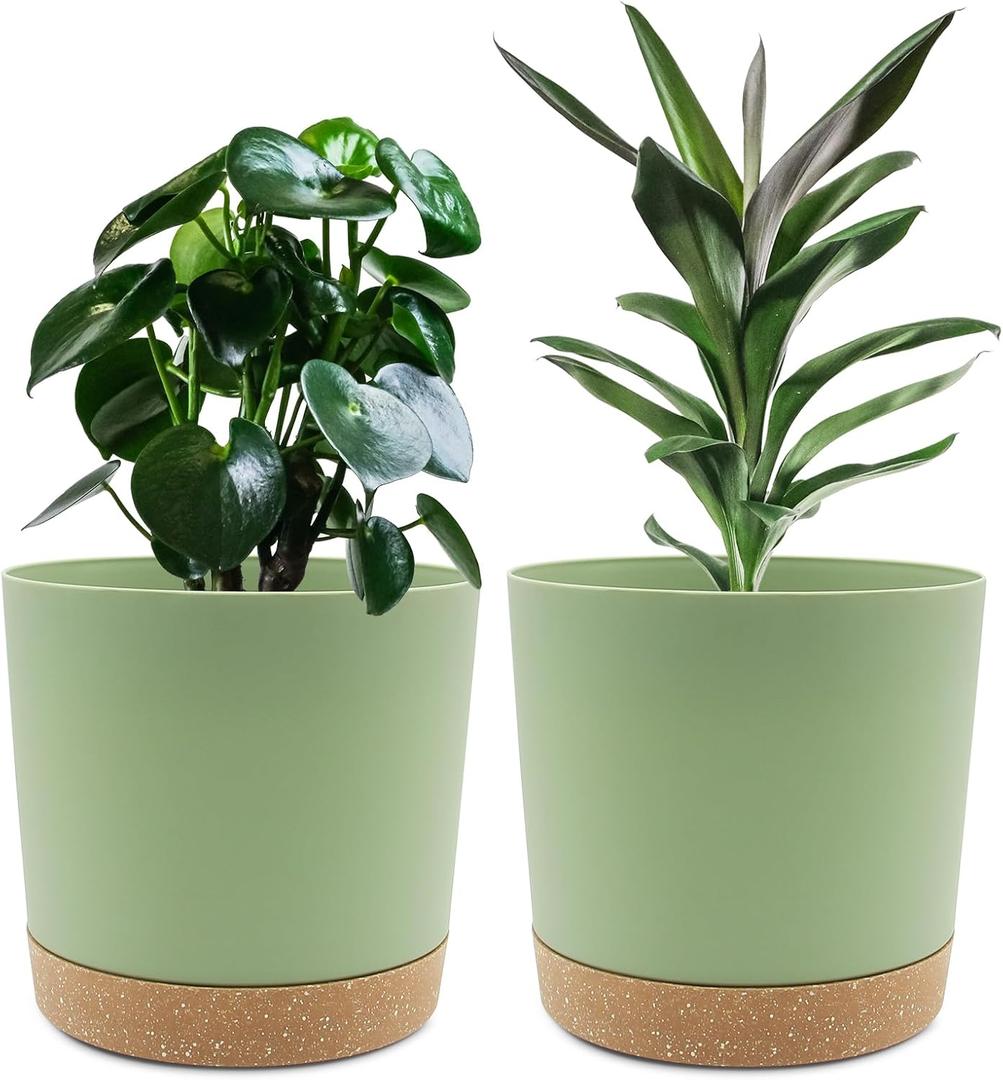 QCQHDU 8 inch Plant Pot, 2 Pack Planters for Indoor Plants with Drainage Holes & Saucer, Outdoor Flower Pots Home Garden Modern Decor (Green)