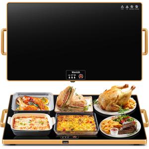 Electric Warming Tray (XL 32"x18")Food Warmers for Parties Buffet with Thermostat & Full Surface Heating, Tempered Glass Warming Mat for Food, Temperature Adjustable Gold Handles Chafing Dishes