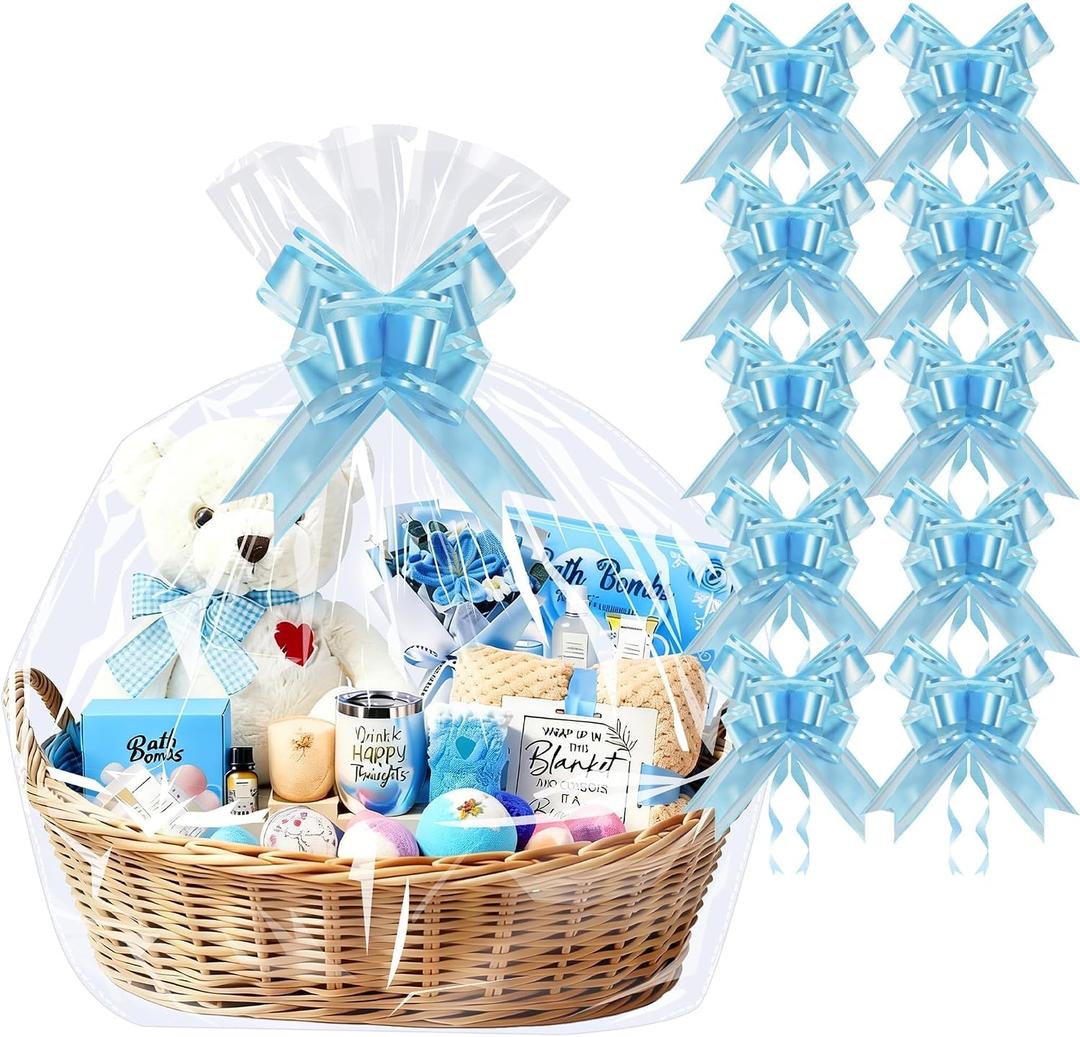 PigPotParty 10 Pack 30x40 Inch Extra Large Cellophane Bags for Gift Baskets with 10 Blue Pull Bows, Thick Clear Plastic Basket Wrap for Mother's Day, Boy's Baby Shower, Wedding and Birthday