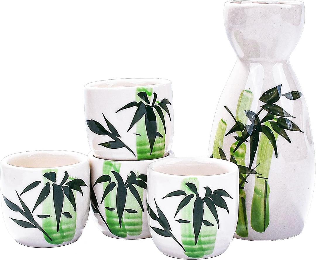 Japanese Ceramic Sake Set of 5,Bamboo Pattern Sake Pot and Sake Cup