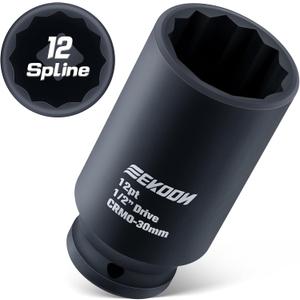 Feekoon Axle Nut Impact Socket, 30mm, 12 Point, 1/2 Inch Drive, CR MO, Spindle Nut Socket for Removing Axle Shaft Nuts, Universal Fit Nuts Remover, Deep Well Hub Release Tool for Impact Wrench