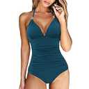 RXRXCOCO Women V Neck One Piece Swimsuits Tummy Control Ruched Swimwear Halter Bathing Suit Dark Blue, Medium