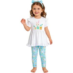 LATOBREATH Baby Girls Toddler Happy Easter Bunny Outfit Short Sleeves Set, 5-6Y