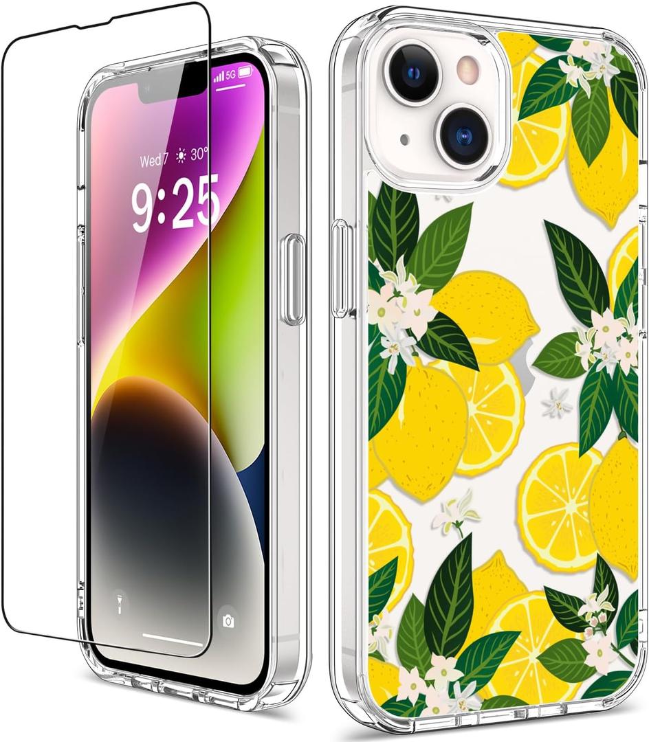 GiiKa for iPhone 14 Plus Case with Screen Protector, 6.7" Clear Full Body Shockproof Protective Floral Girls Women Hard Case with TPU Bumper Cover Phone Case for iPhone 14 Plus, Yellow Lemons