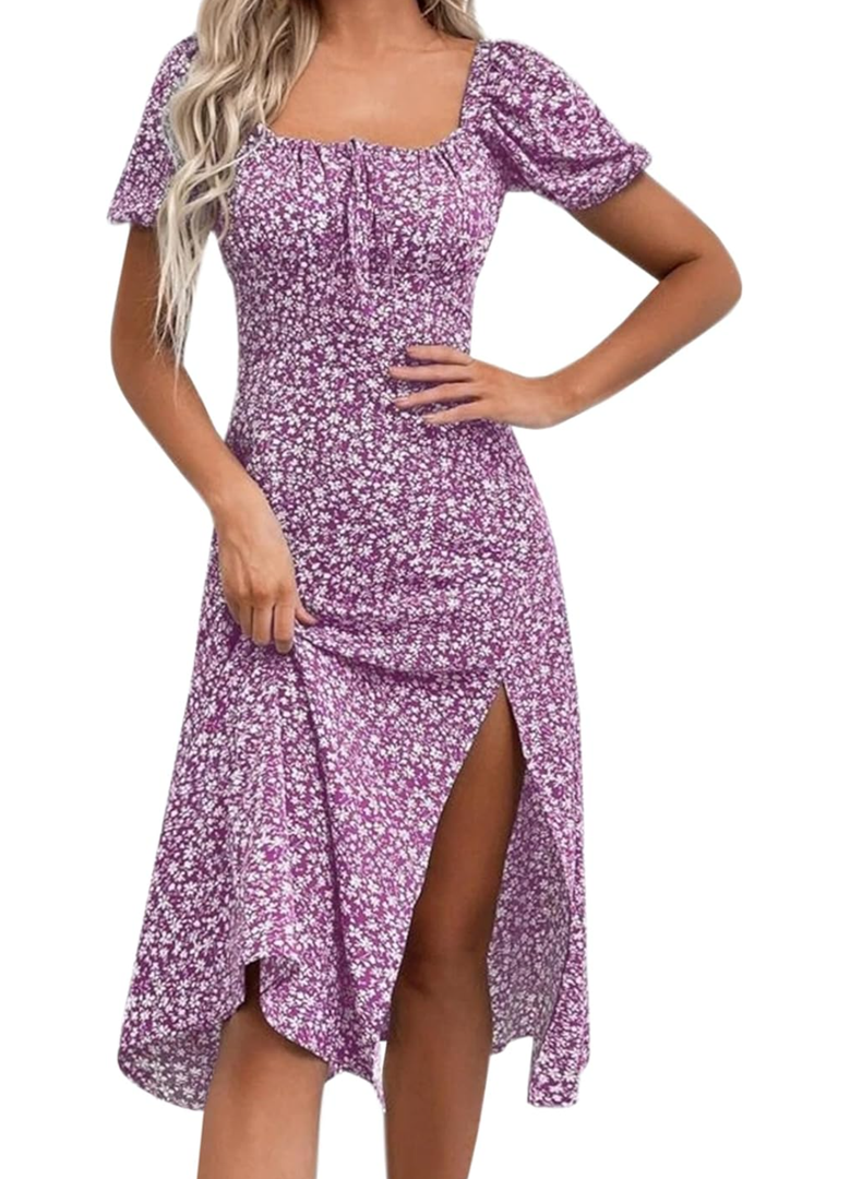 SPRIME Women's Floral Summer Casual Dress Square Neck Puff Sleeve Boho Midi Dresses Ruched Bust High Waist Split Long Dress, M