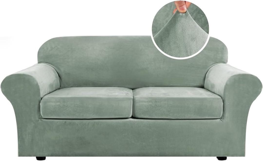 H.VERSAILTEX Real Velvet Plush 3 Piece Stretch Sofa Covers Couch Covers for 2 Cushion Couch Sofa Slipcovers Width Up to 90 Inch Thick Soft Stay in Place (Large Sofa, Sea Grass)