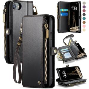 Defencase Compatible with iPhone SE 2020 2022 Case Wallet with RFID Blocking Card Holder for Women Men, Soft PU Leather Magnetic Snap Flip Zipper Strap Wallet Phone Case Fit for iPhone SE/7/8, Black