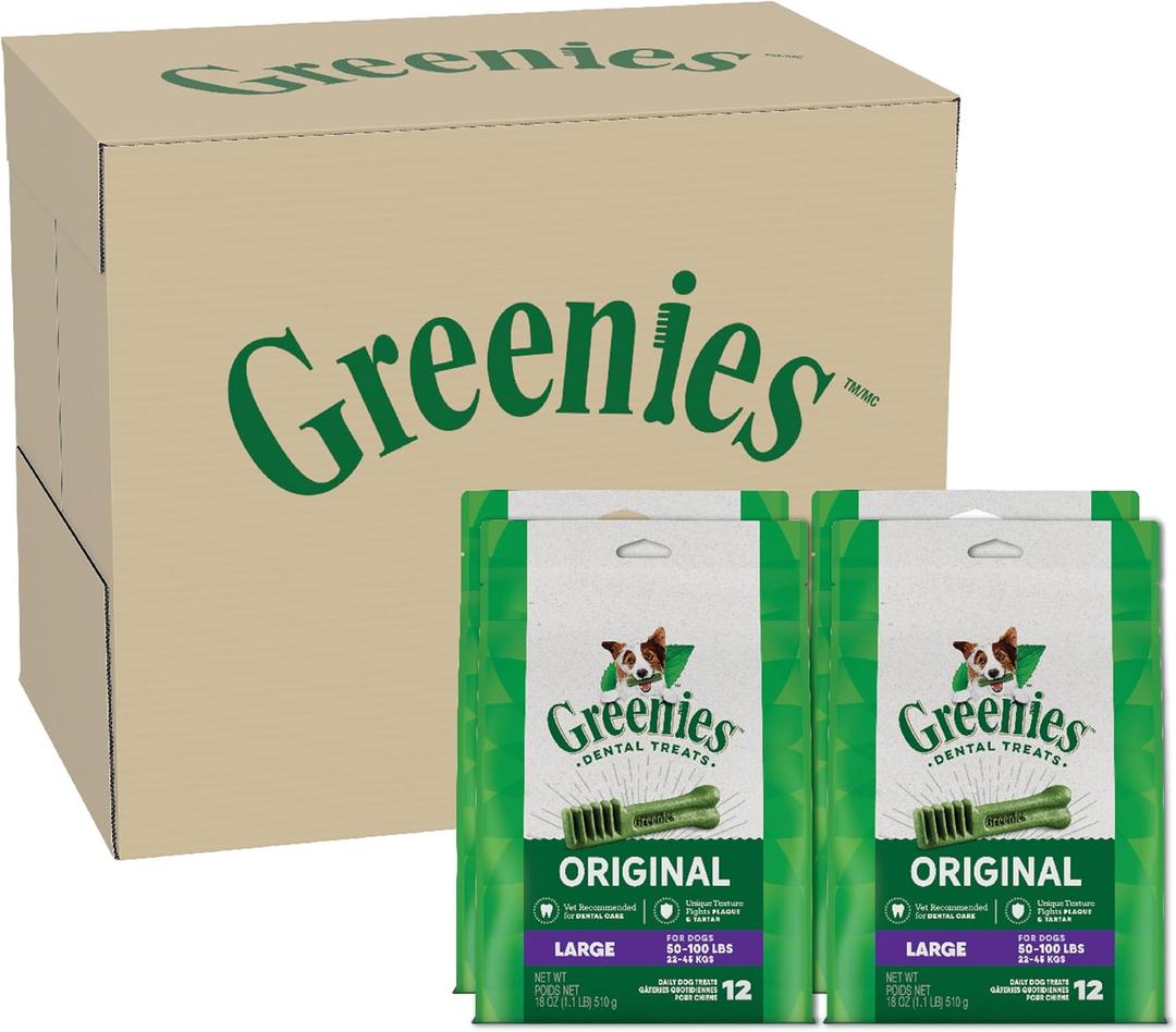Greenies Veterinarian-Recommended Adult Natural Dental Dog Treats Large Size, Original Flavor, (4) 12 ct Packs (48 Treats Total) (EXP 08/23/27)