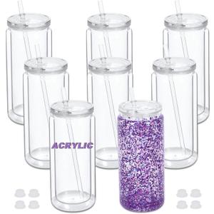 20 oz Acrylic Snowglobe Tumbler, 8 Pack Double Wall Snow Globe Cups with Pre Drilled Hole, Plastic Mason Jar Cups Can for Snow Globe Glitter DIY (Clear)