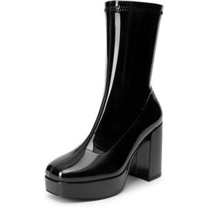 DREAM PAIRS Women's Mid Calf Gogo Boots Platform High Chunky Block Heel Square Toe Ankle Boots (8, Black-pat)