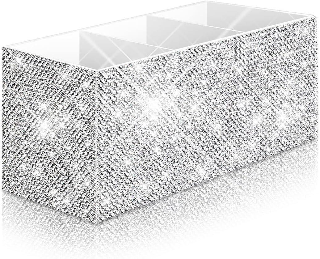 Bling Makeup Brush Holder Organizer, 3 Slot Sparkle Cosmetics Brushes Storage Holders with Shiny Rhinestones, Glitter Cute Pen and Pencil Holder for Desk, Eyeliners Display Case for VanityWhite