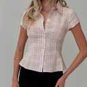Women's Plaid Shirt Button-up Short Sleeve Collared Slim Fit Casual Summer Blouse Tops (Pink, Small)