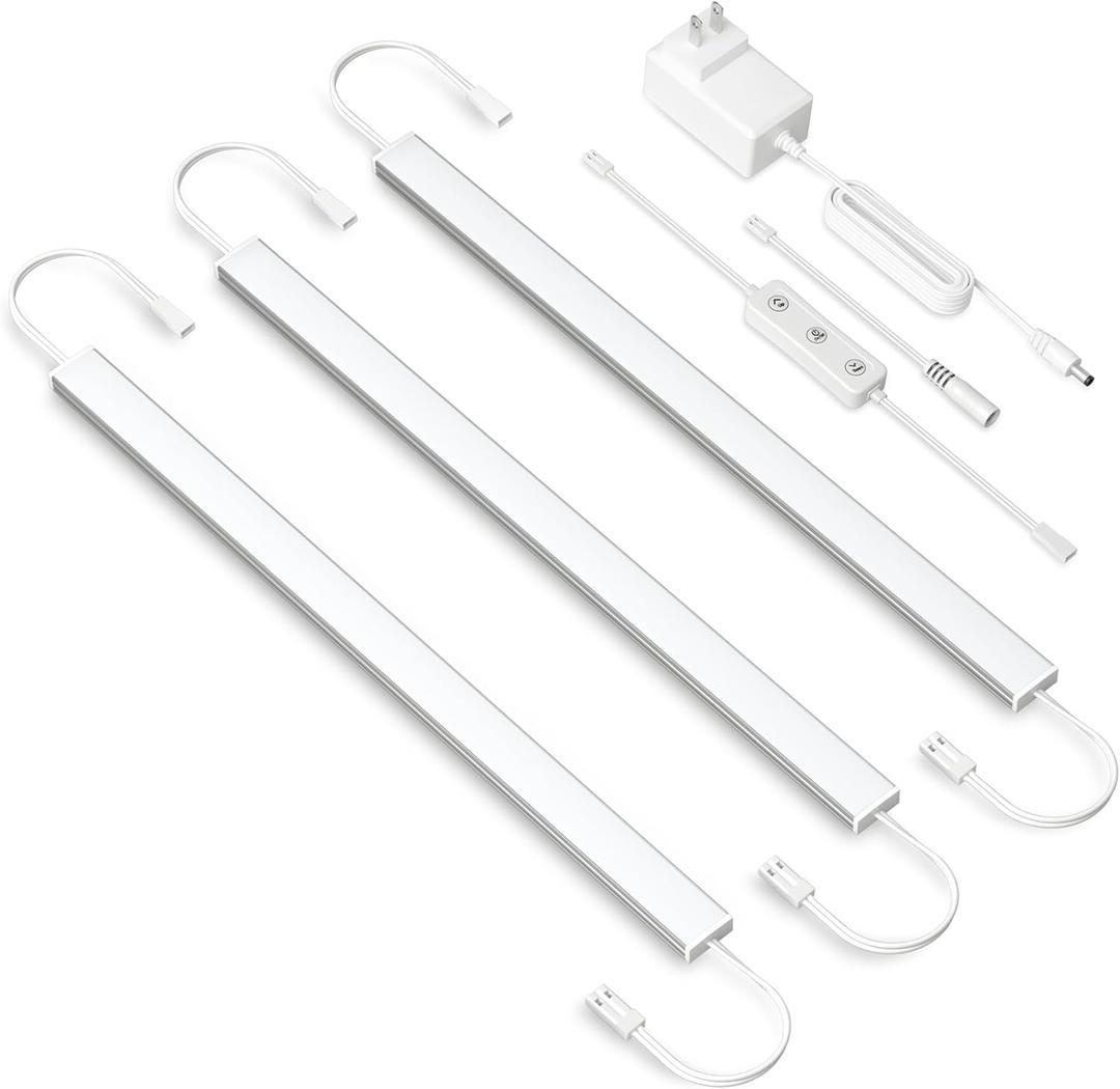 Under Cabinet Lighting Plug In. 3 PCS 12 Inches Likable Ultra Thin Bright Light Bars. Dimmable 14W LED Kit for Kitchen Under Cabinets Countertop Workbench Counter Shelf Closets Daylight 5000K