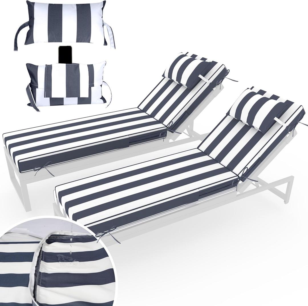 Chaise Lounge Cushions Outdoor Set of 2 Lounge Chair Cushion 80" L x 26" W with Headrest Straps 3'' Thick Waterproof Patio Chaise Cushions Pool Lounger Chair Cushion(Blue Stripe)