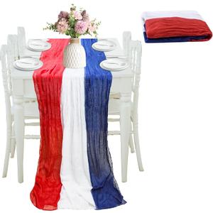 4th of July Cheesecloth Table Runner, Vintage Red White and Blue Table Runner for Memorial Day Labor Day Independence Day Veterans Day Patriotic Party Decoration for Kitchen Dining Room Indoor Outdoor