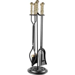 5 Pieces Fireplace Tools Sets Wrought Iron Firewood Kit with Handle Durable Tool Set and Holder for Fire Pit Stand Indoor Tong Shovel Poker Brush Firewood Accessories (Brass)