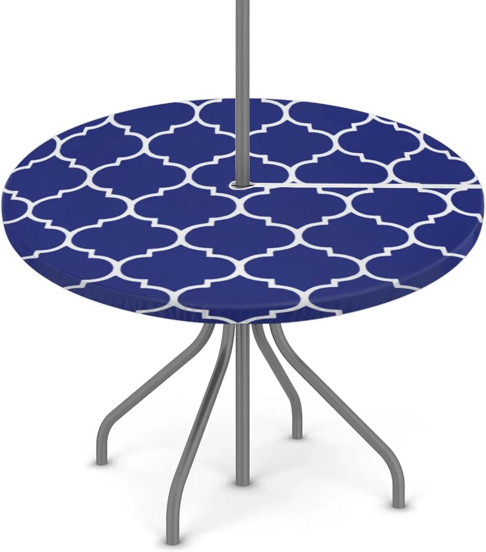 Fitted Round Tablecloth with Umbrella Hole and Zipper Navy Blue Outdoor Elastic Table Cloth 36"-44" Oil-Proof Waterproof Patio Table Cover for Dining Picnic Camping