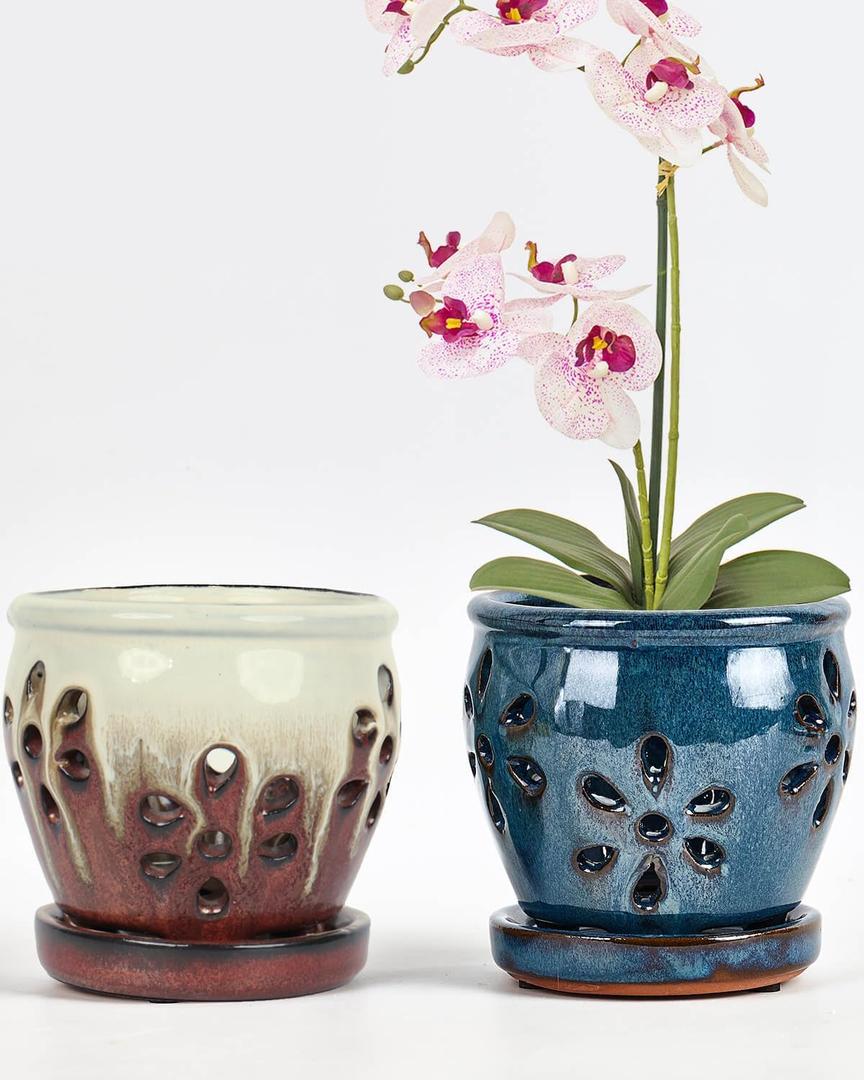 vensovo 4 Inch Ceramic Orchid Pots with Holes and Saucers - 2 Pcs Small Succulent Pot for Repotting, Garden Flowerpots for Plants Indoor and Outdoor Promotes Air Circulation (Blue, Brown Mixed)