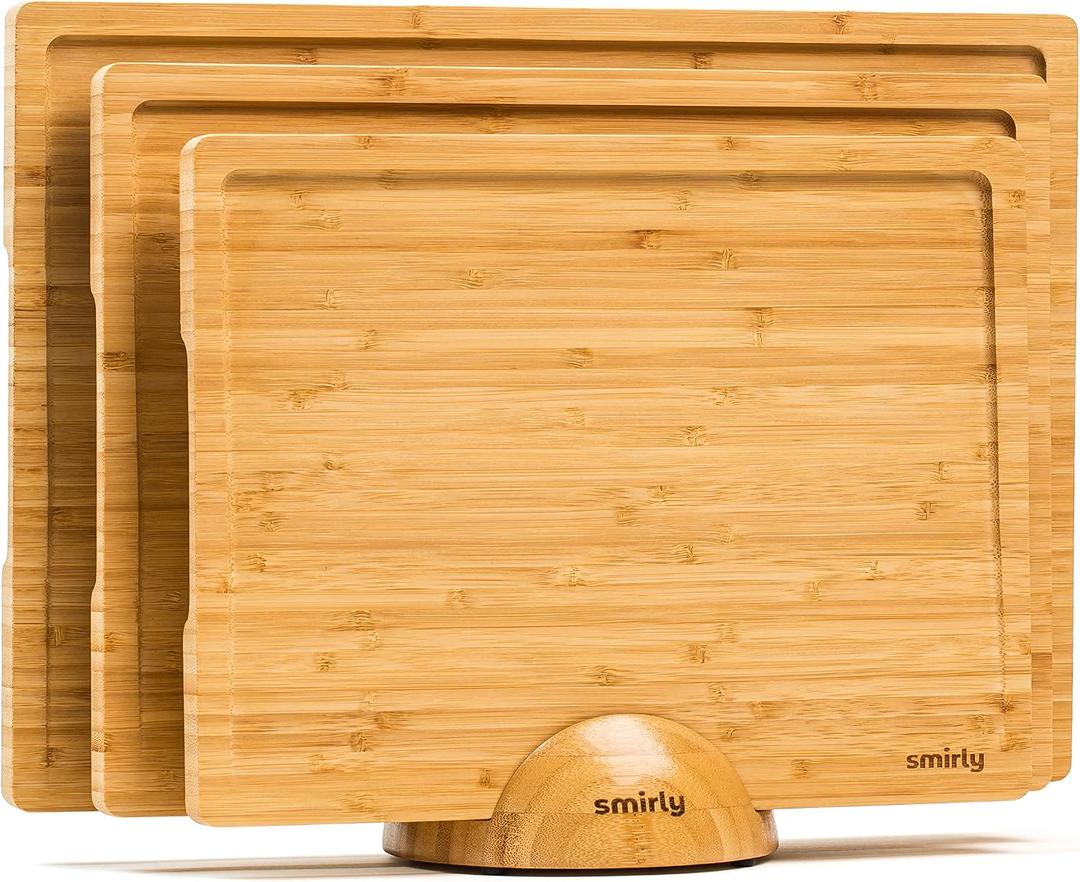 SMIRLY 3 Piece Bamboo Cutting Board Set with Stand for Kitchen, 17"L x 12"W x 0.8"Th