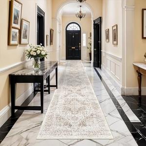 Washable 2'6''x16' Runner Rug - Non-Slip Vintage Runner Rug for Entryway Low-Pile Medallion Long Rugs for Hallway Waterproof Traditional Runner Rugs Indoor Thin Rug for Kitchen (Cream/Beige)