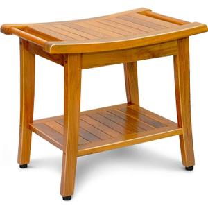 20" Premium Teak Shower Bench with Shelf & Handle, Solid Teak Shower Stool, Durable Waterproof Seat for Inside Shower, Teak Wood Bench for Bathroom, Indoor & Outdoor Use