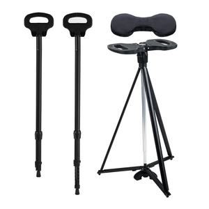 Walking Stick With Seat - Adjustable Portable Cane, Foldable Stool With 2 Bases, Pocket Storage Bag and Removable Cushion - Aluminum Lightweight Mobility Aid Crutch