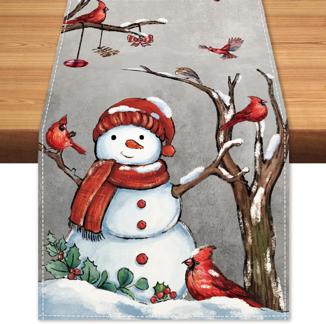 Christmas Red Bird Branch Table Runner Snowman Cardinal Burlap Table Runners, Winter Xmas Seasonal Coffee Table Center Decor for Home Kitchen Dining Party Indoor Outdoor 13x108 Inch