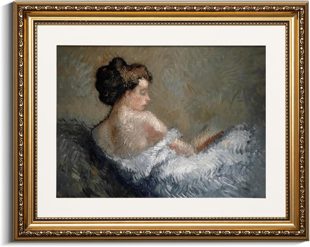 VIYYIEA Gold Framed Wall Art Canvas Print Home Decor Portrait Wall Art Sitting Woman Vintage Decor Room Aesthetic Mid Century Lady Elegant Farmhouse Painting Wall Decor for Bedroom Bathroom 13x16in (Figure Crouching)