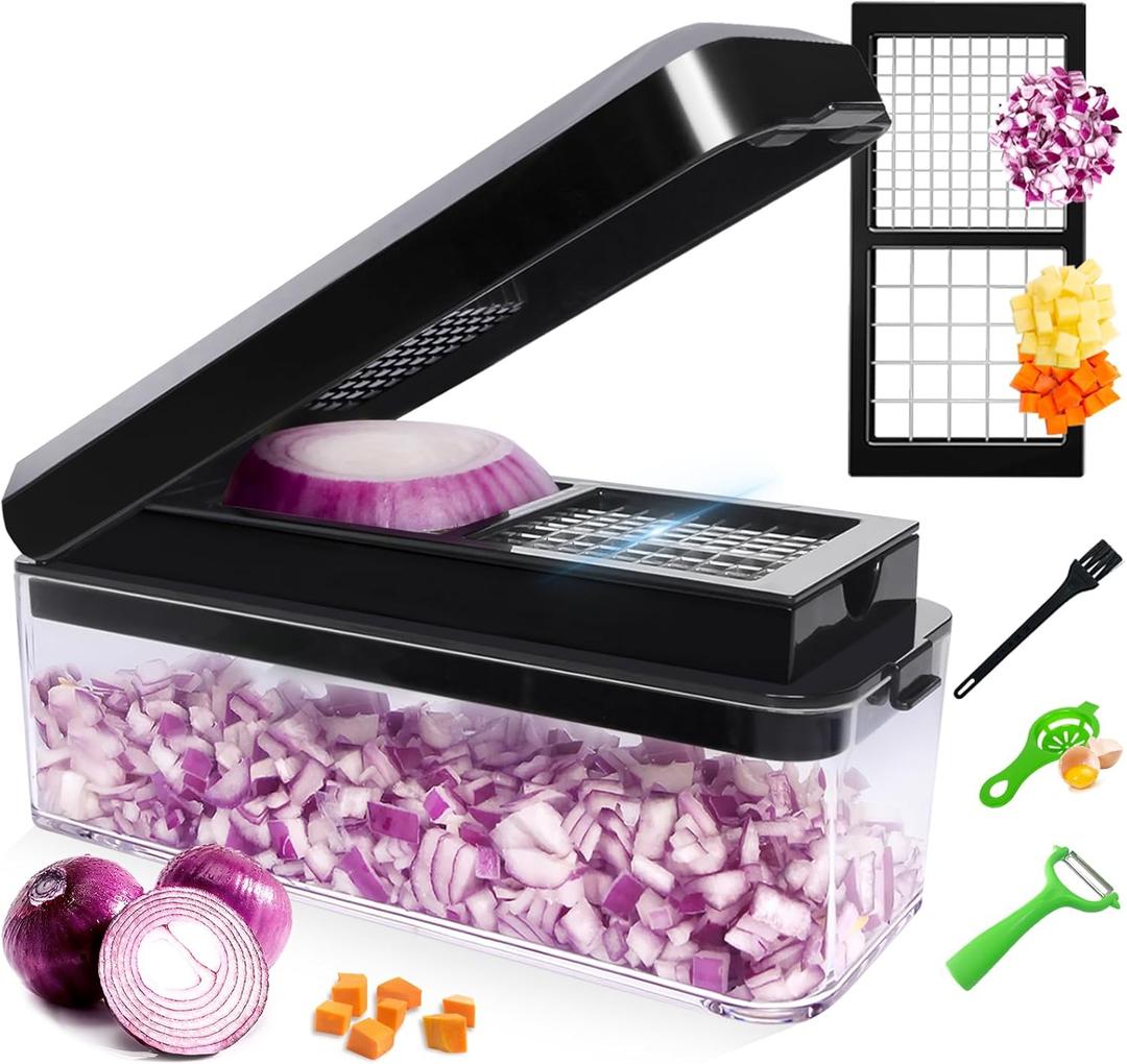 Vegetable Chopper, Onion Chopper Dicer, Mandoline Slicer, Food Chopper with Container, Vegetable Cutter for Salad Potato Carrot Garlic2 Blades, Black