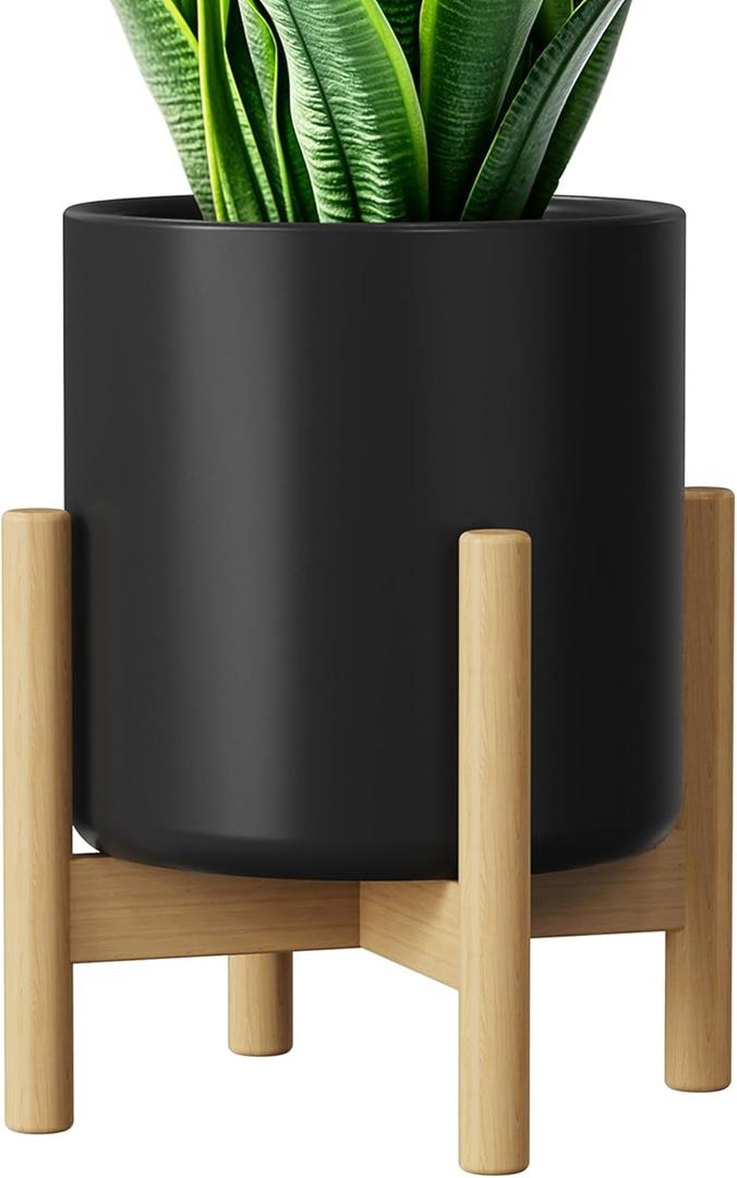 8 Inch Ceramic Planter with Wood Stand, Mid-Century Modern Minimalist Design Plant Pot with Drainage & Luxurious Stand for Indoor Home Decor (Black)