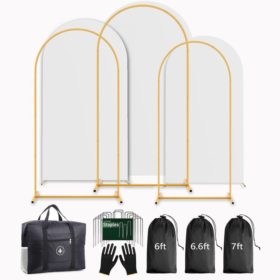 Arch Backdrop Stand and Cover Set (7.2ft,6.6ft,6ft) Metal Arch Frame Stand Gold, Wedding Birthday Party Baby Shower Graduation (White, 7.2Ft+6.6Ft+6Ft)