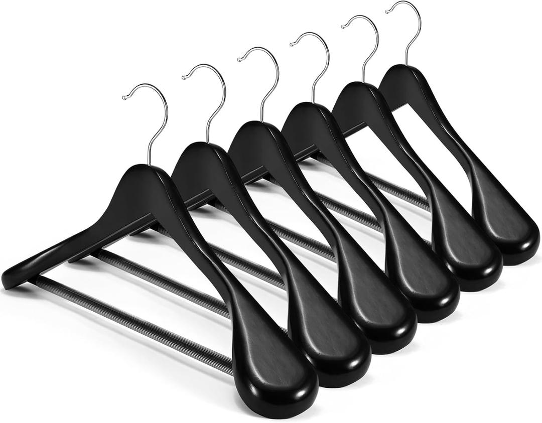 HOUSE DAY High-Grade Suit Hangers, Wide Shoulder Wooden Hangers with Non Slip Pants Bar, Smooth Finish 360 Swivel Hook Solid Wood Coat Hangers for Dress, Jacket, Heavy Clothes Hanger 6 Pack (Black)