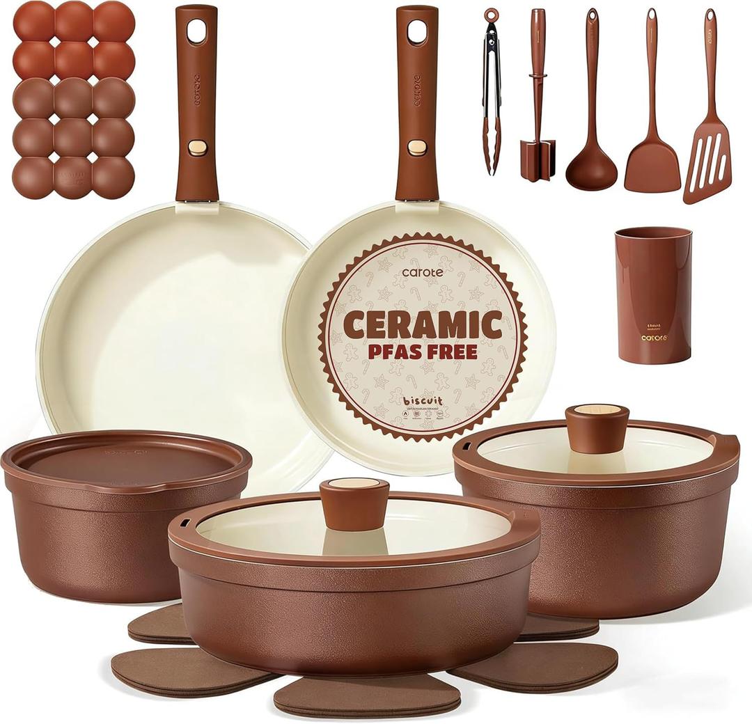 CAROTE 22Pcs Ceramic Cookware Set, Pots and Pans Set Non Stick Removable Handles, Non Toxic Cookware Oven/Dishwasher Safe, Induction Cookware, Gift Set, NonStick Cookware Set with Kitchen Essentials