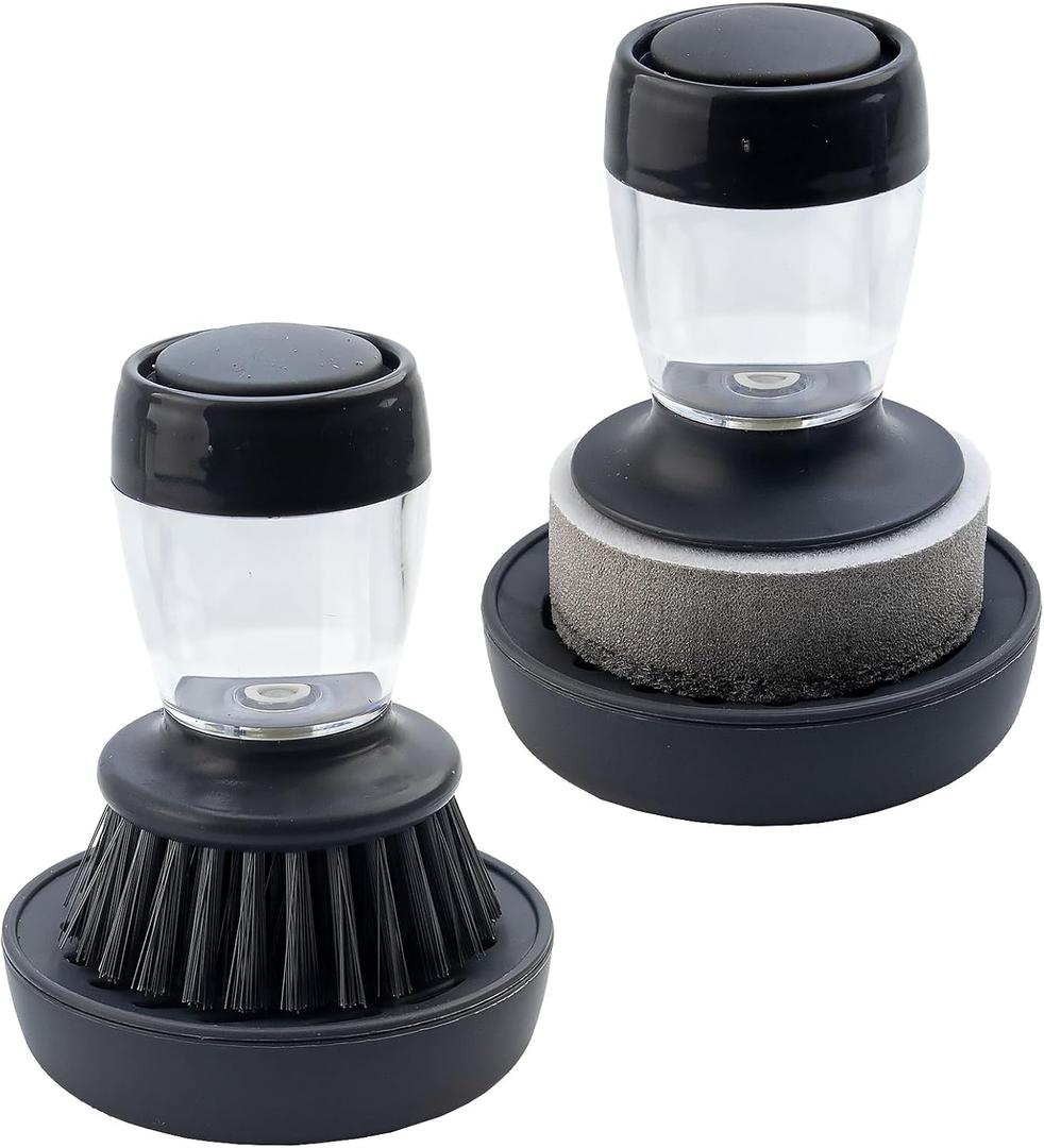 Dish Brush with Soap Dispenser and Holder, Kitchen Scrubber for Dishes Pots Pans, 2-Pack Combo Set
