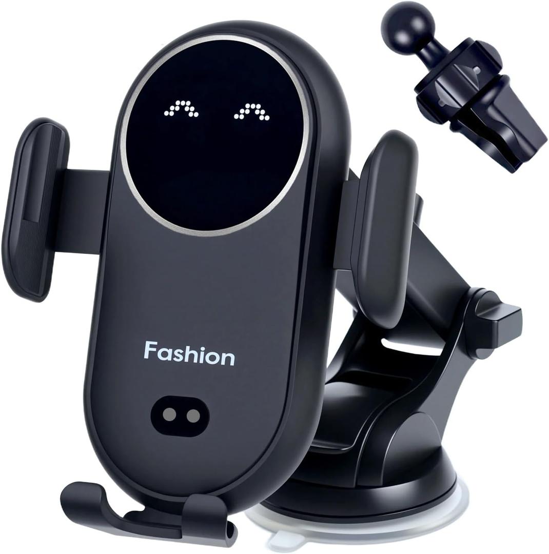 Wireless Car Charger Mount with Air Vent Clip & Suction Base, 15W Fast Auto-Clamping Charging Phone Holder for iPhone 17/16/15/14, Samsung S24/S23, etc.(Black)