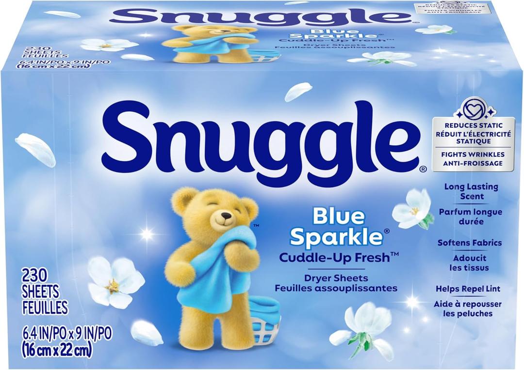 Snuggle Fabric Softener Dryer Sheets, Blue Sparkle Cuddle-Up Fresh, 230 Ct, Long-Lasting Fresh & Clean Scent, Softens Fabric, Reduces Static, Fights Wrinkles, Helps Repel Lint & Pet Hair, HE Safe