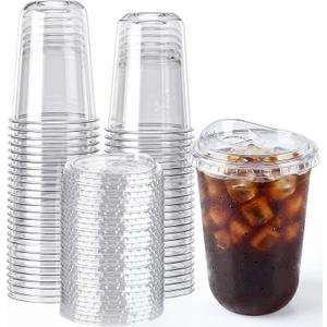 50Pack-16oz Disposable Clear Plastic Cups with Strawless Lids, Round Bottom To Go Cups for Iced Coffee, Smoothies & Cold Beverages
