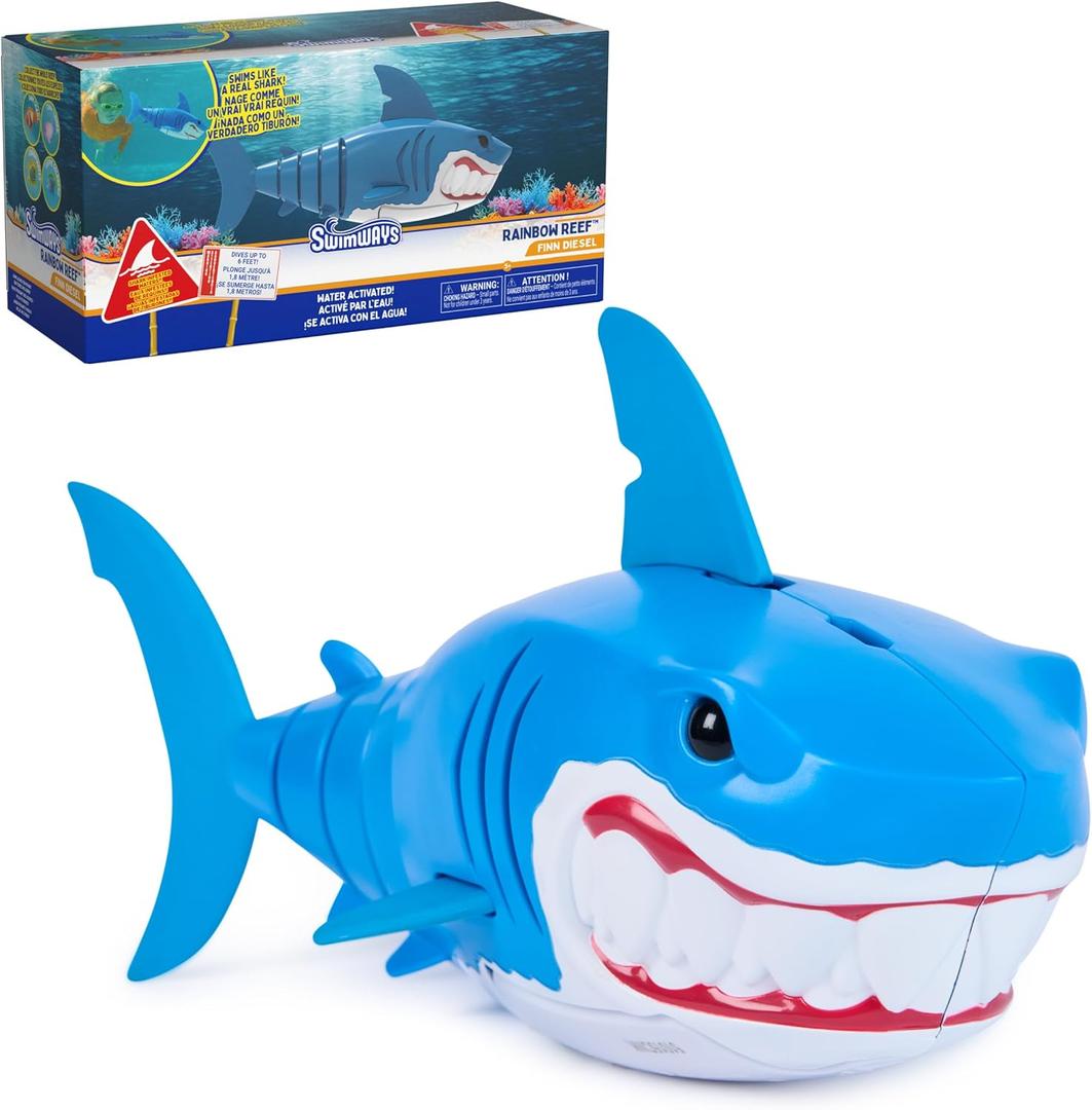 SwimWays Rainbow Reef Shark Toy, Finn Diesel Kids Shark Pool Toy and Swimming Accessory, Self-Activated Water Toys, Learn to Swim Pool Toys for Kids Ages 5 & Up (Batteries Included)