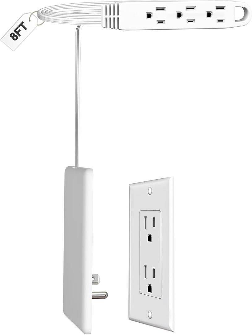 CABOCASA 8FT Ultra Flat Plug Extension Cord Power Strip with 3 Outlets, Patented Detachable Ultra-Thin Outlet Cover Concealer & Ultra-Flat Plug, Max. 13A 125V 1625W ETL Listed, White Color