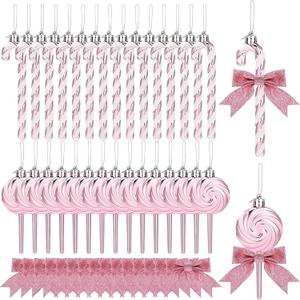 Pinkunn 30 Set Christmas Candy Cane Ornament with Bow Peppermint Candy Cane Christmas Tree Decoration Plastic Lollipop and Bow Hanging Ornaments for Xmas Tree Wreaths Holiday Decorations(Pink)