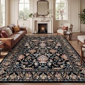 Warmstar 6×9 Area Rug for Living Room,Washable Area Rug Non-Slip TPR Backing,Vintage Persian Floral Vine Faux Wool Low Pile Carpet for Living Room Bedroom Dining Room, Black Multi
