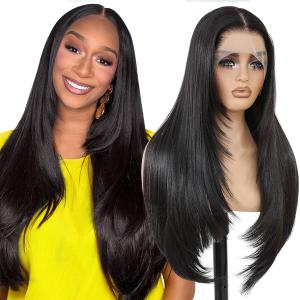 Synthetic Lace Front Wigs Pre Plucked 13x4 HD Lace Black Wigs For Women 26 Inch Long Layered Straight Wigs 100% Futura Premium Fiber Wig With Bangs Ready to Wear Beginner Friendly Daily Use